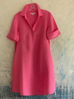 100% Linen Popover Shirt Dress Midi Chico's Hot Pink Minimalist Colorful Size S